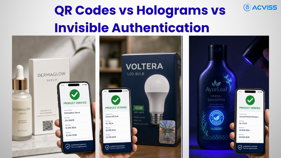 QR code, holographic label and invisible authentication methods compared