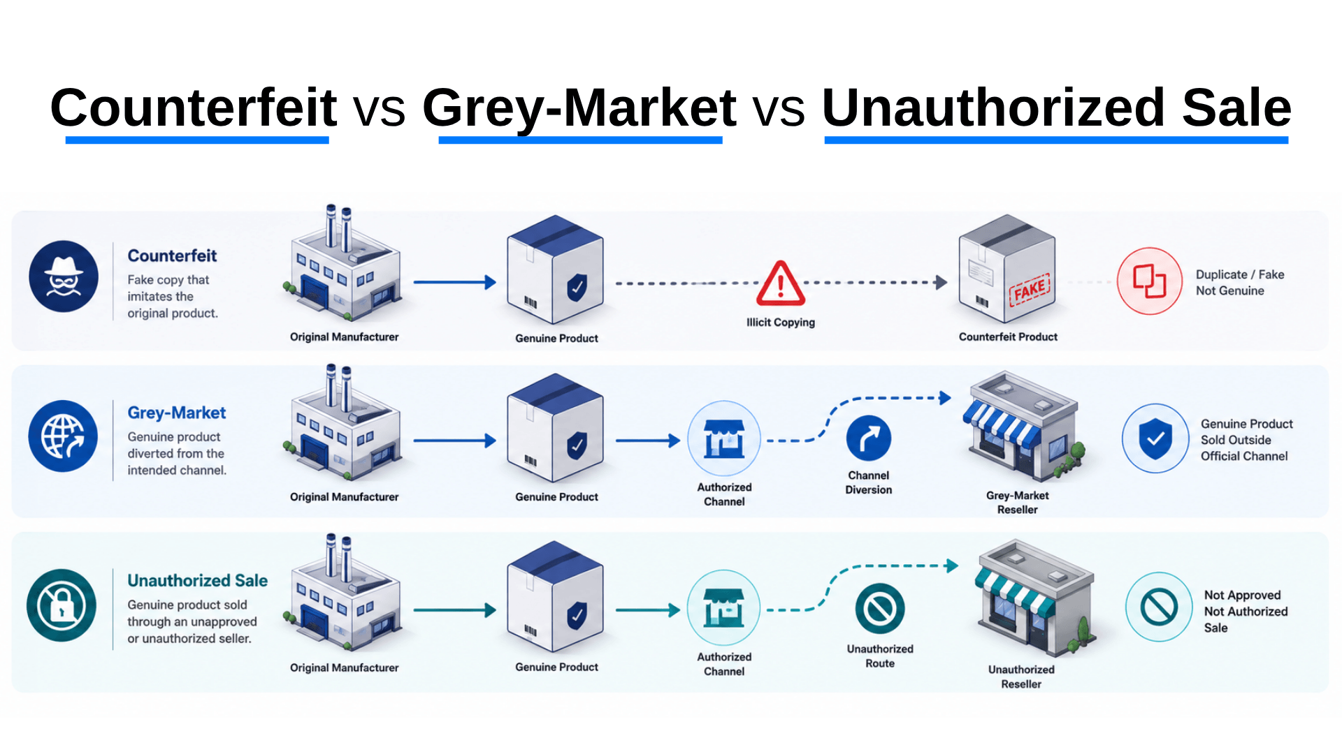 Counterfeit vs Grey Market vs Unauthorized Sale comparison diagram