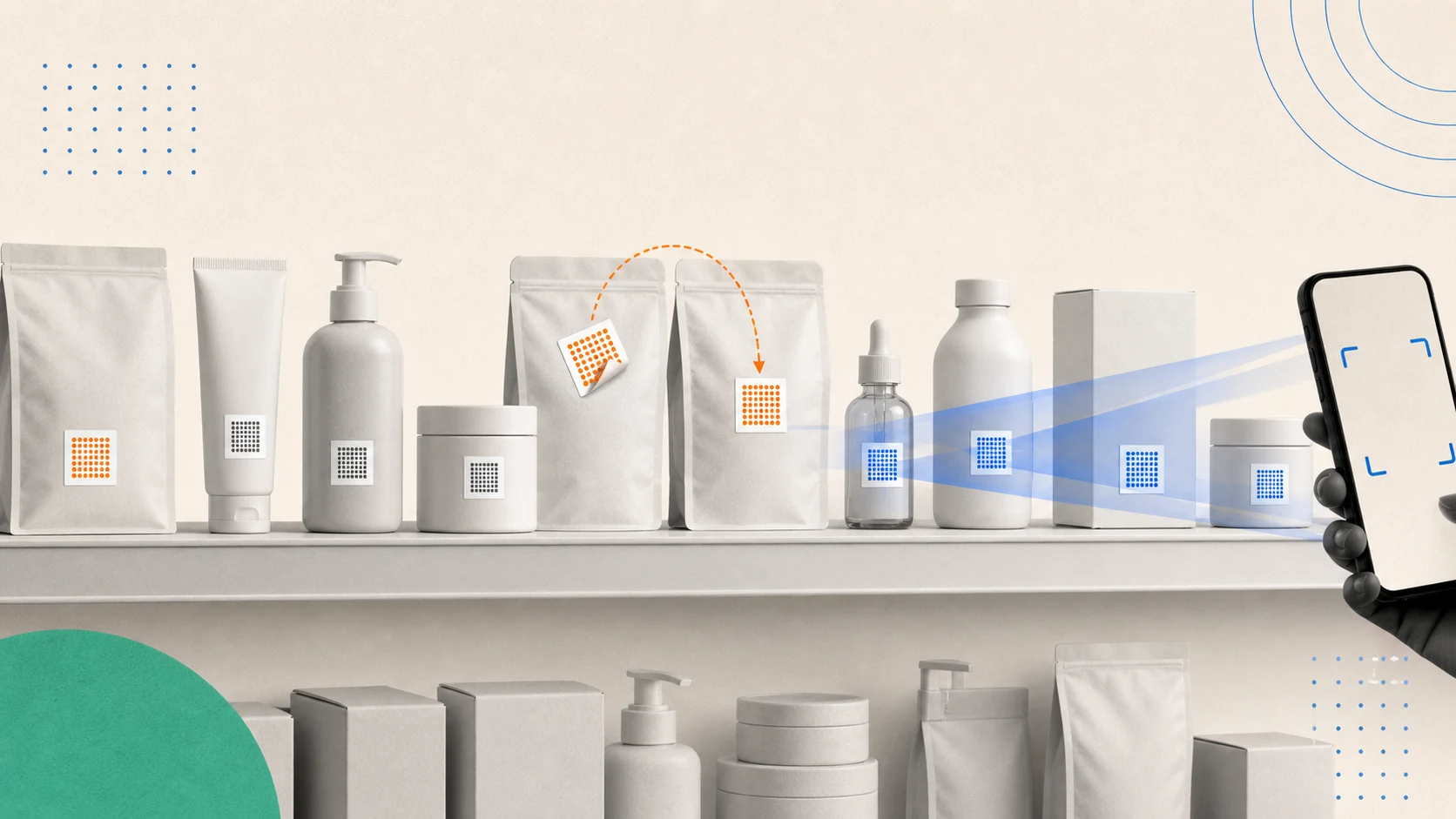 A retail shelf where only selected product codes are scanned while a printed code is moved between two packages.