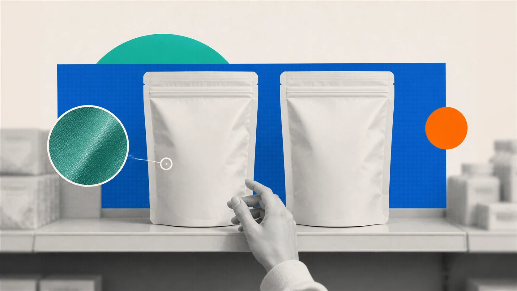 Two visually identical product packs on a retail shelf, with a close inspection revealing a unique texture on the genuine unit.
