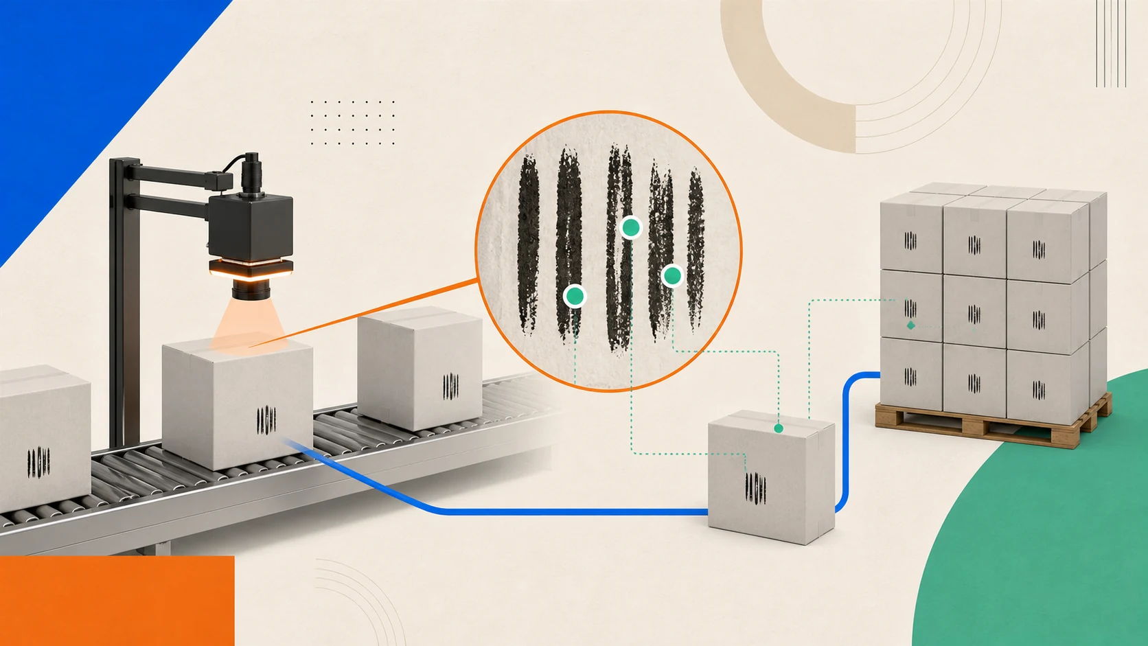 Packaging-line camera magnifying microscopic variation in existing package print and connecting verified units to case and pallet groups.