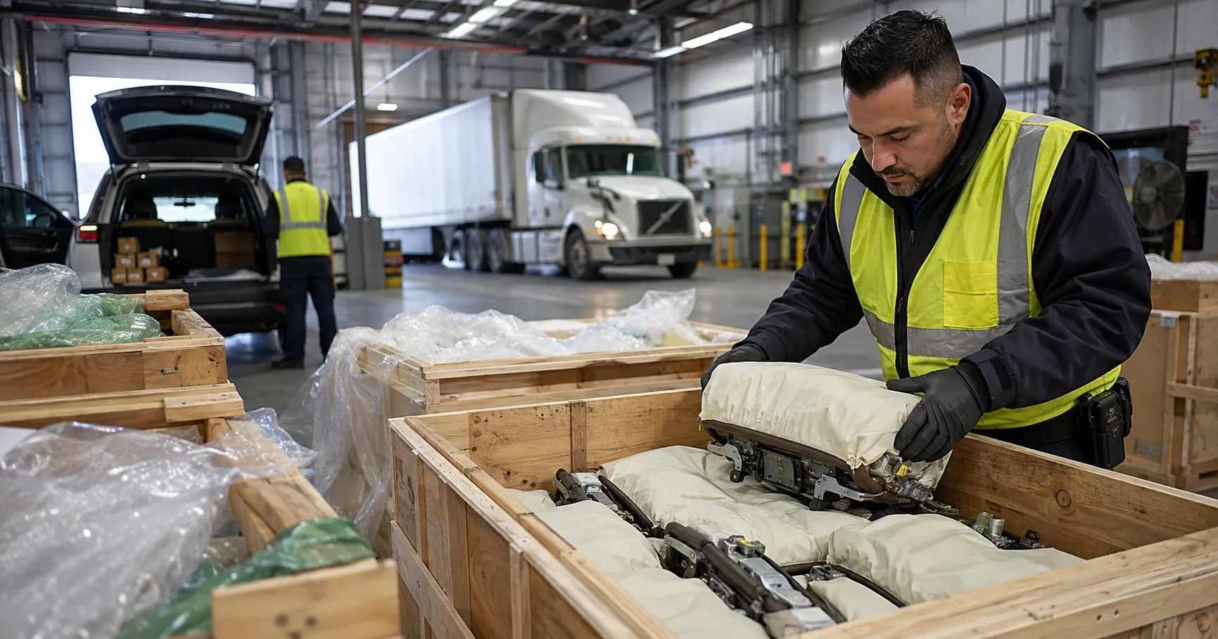 Inspector examining seized automotive airbag modules packed in a wooden crate in a warehouse inspection bay