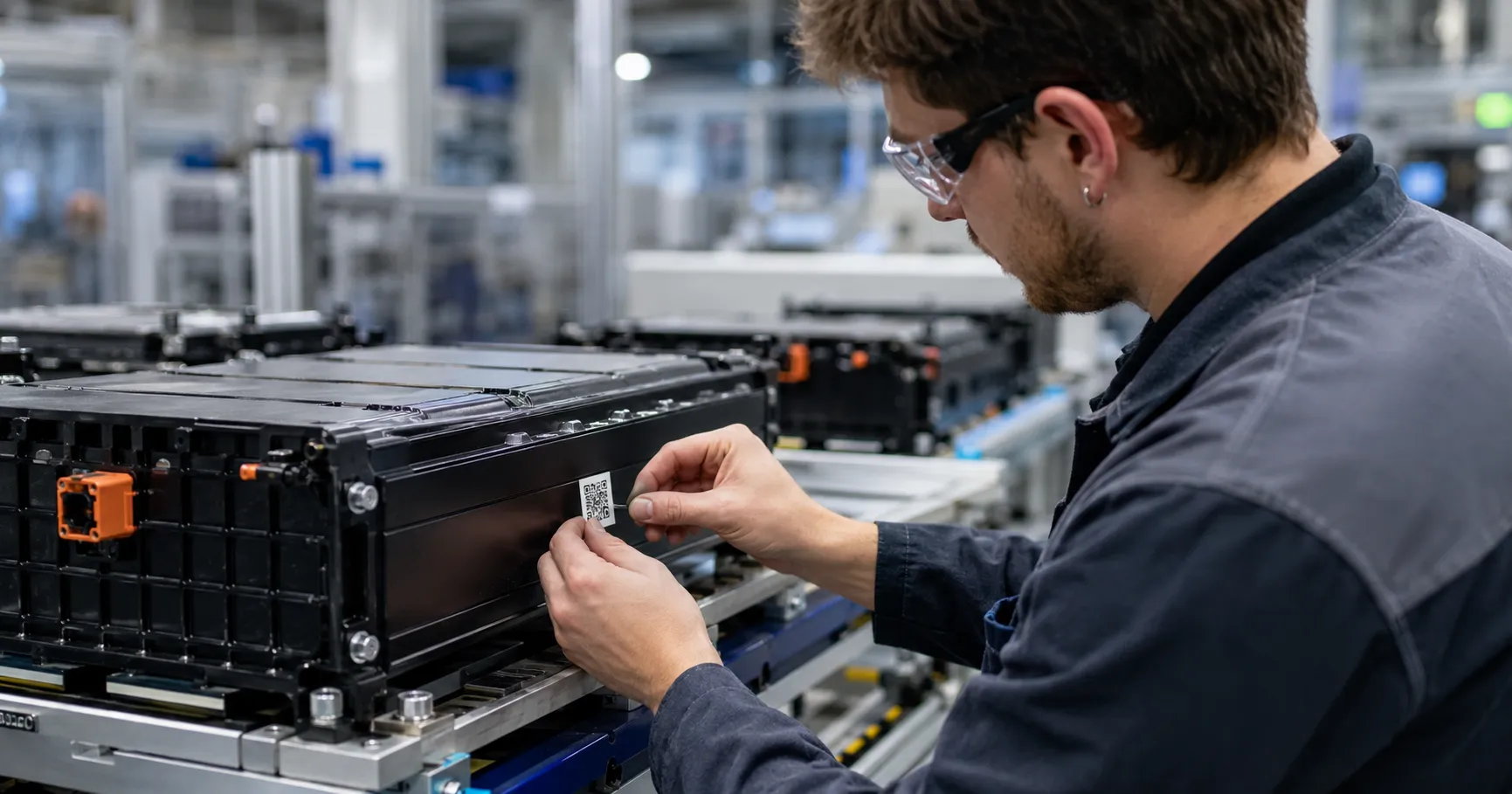 Factory worker attaching a QR code label to an industrial battery pack on an assembly line