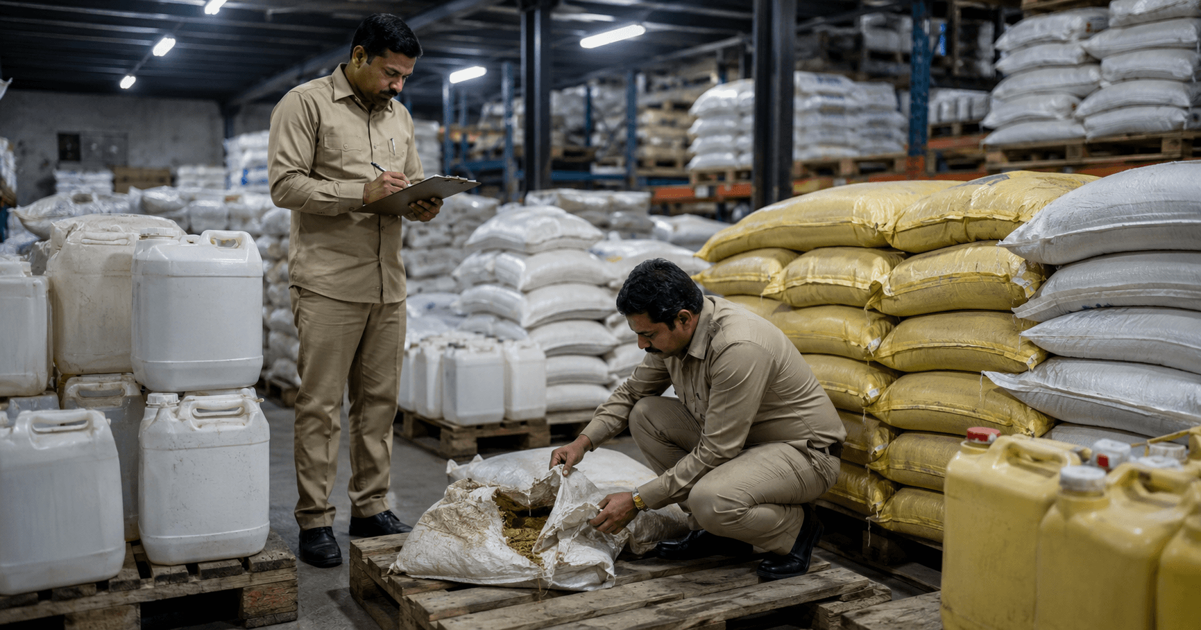 Indian enforcement officials inspecting seized counterfeit agrochemical sacks and containers in a warehouse raid