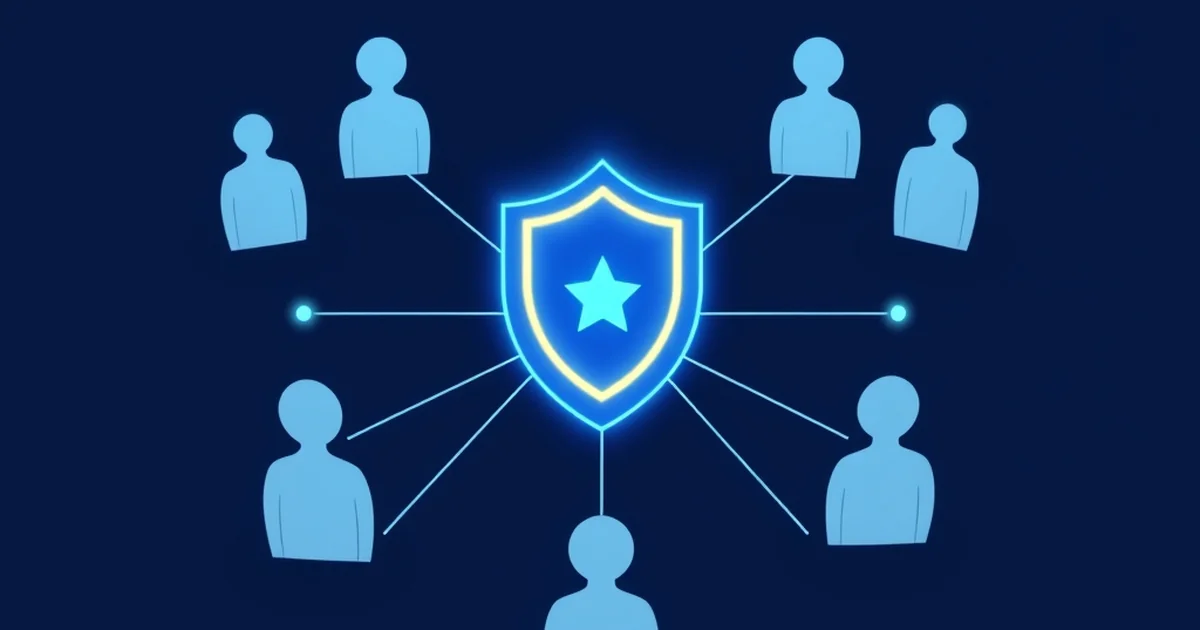 Illustration of a community connected around a shared trust shield, representing the unity principle in loyalty programs