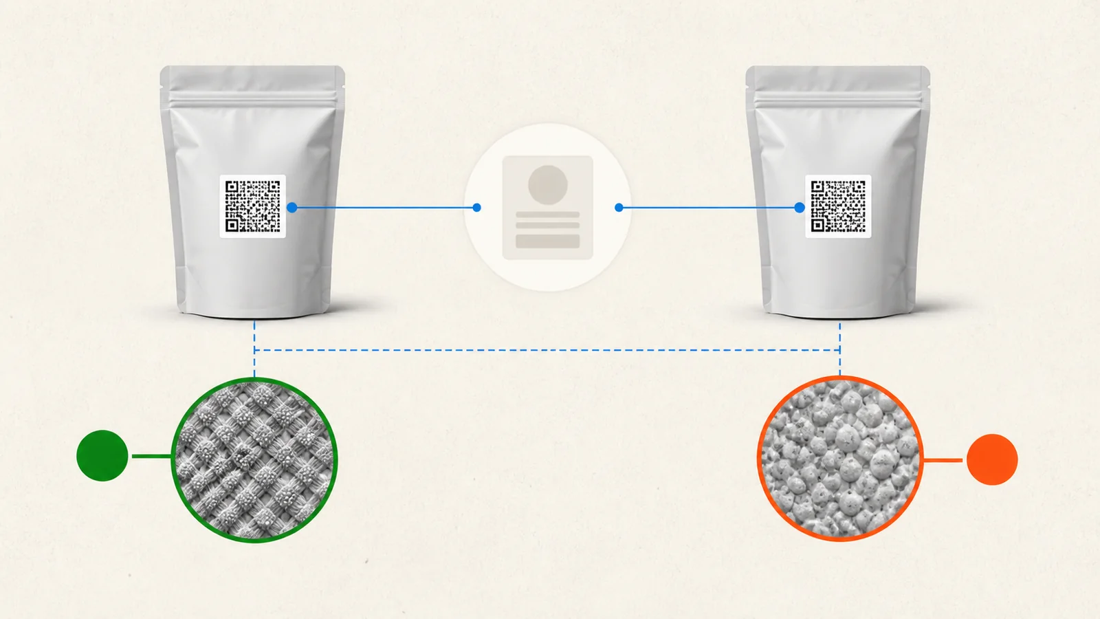 Two copied 2D carriers reach the same content while unique physical textures distinguish genuine and counterfeit packs.