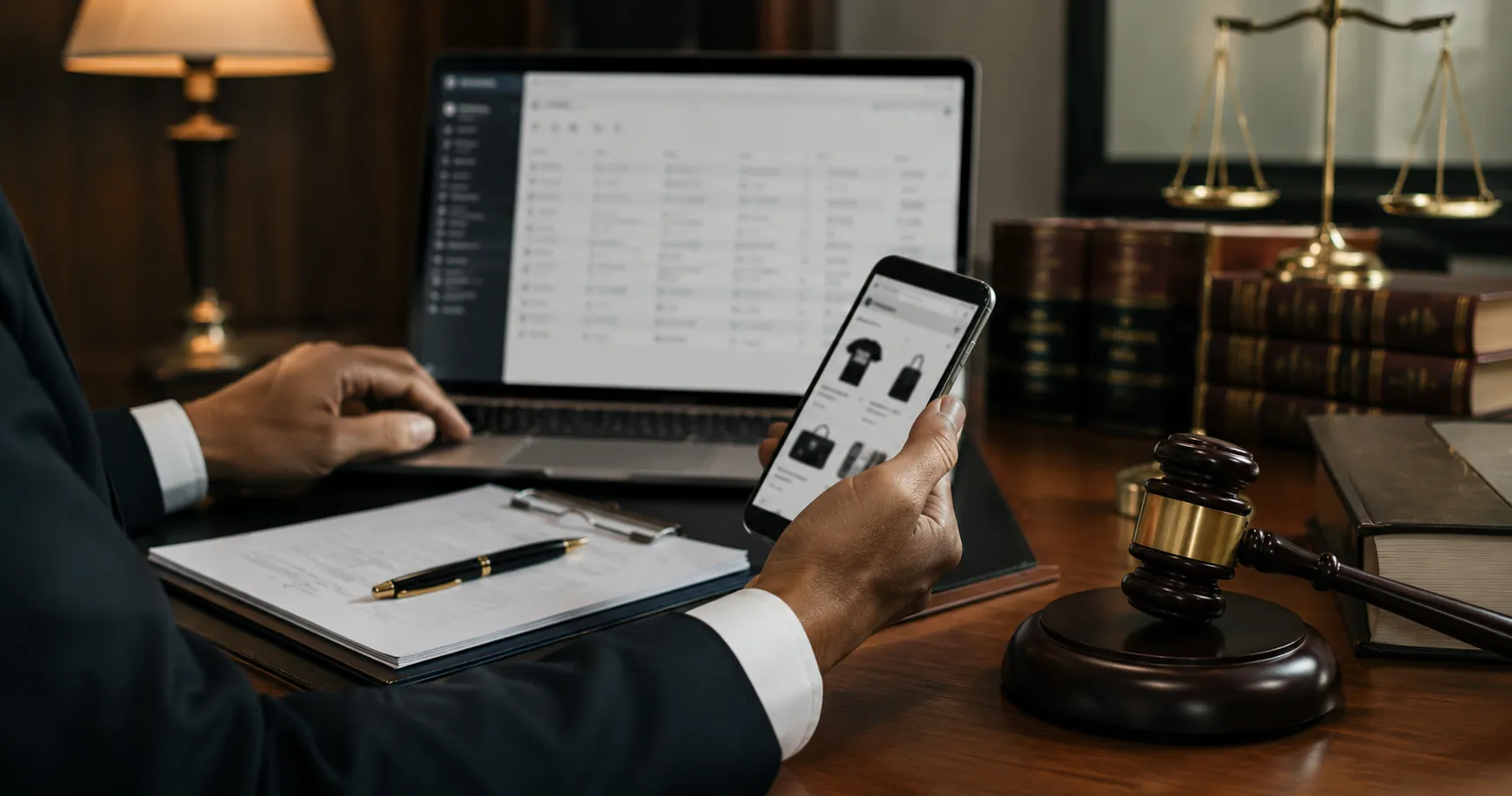 Legal professional's desk with a gavel and law books, reviewing an e-commerce marketplace listing on a smartphone