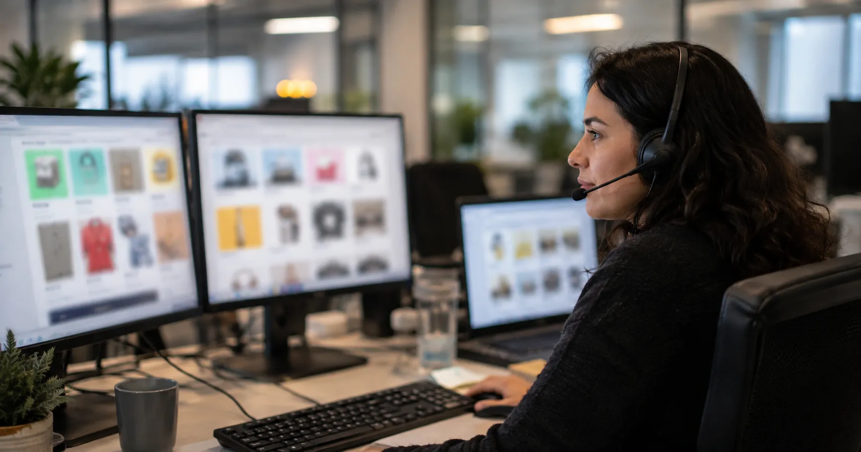 Content moderation professional with a headset reviewing marketplace listings across multiple monitor screens