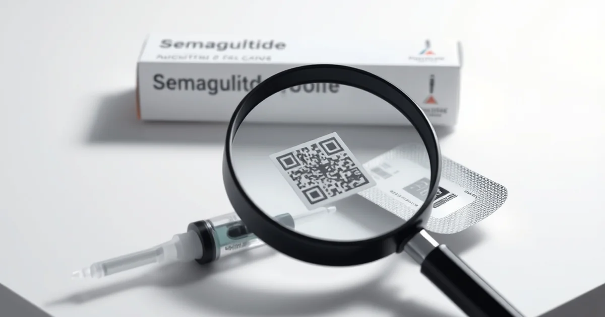 Counterfeit semaglutide packaging authentication check illustrating drug traceability