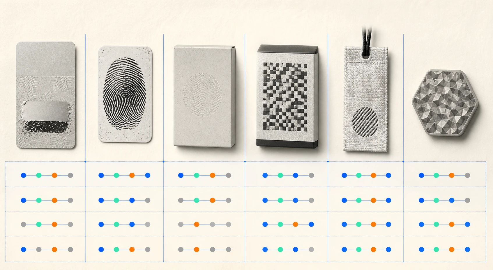 Six authentication material specimens compared across a restrained capability grid.