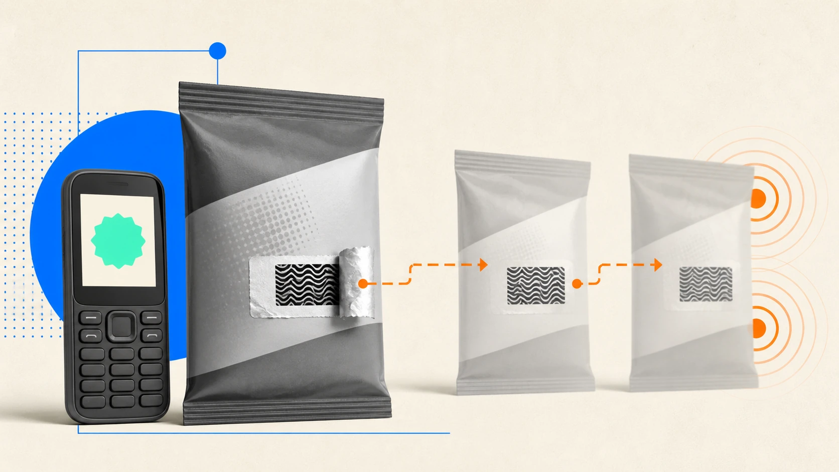 Feature phone verifies a scratch-code pack while the printed pattern is copied onto counterfeit packs.