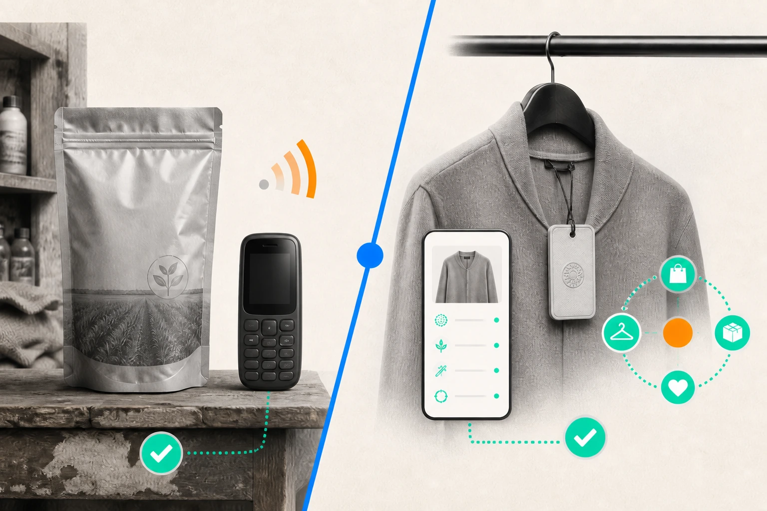 Rural agrochemical verification on a feature phone contrasted with a luxury garment digital-passport scenario.