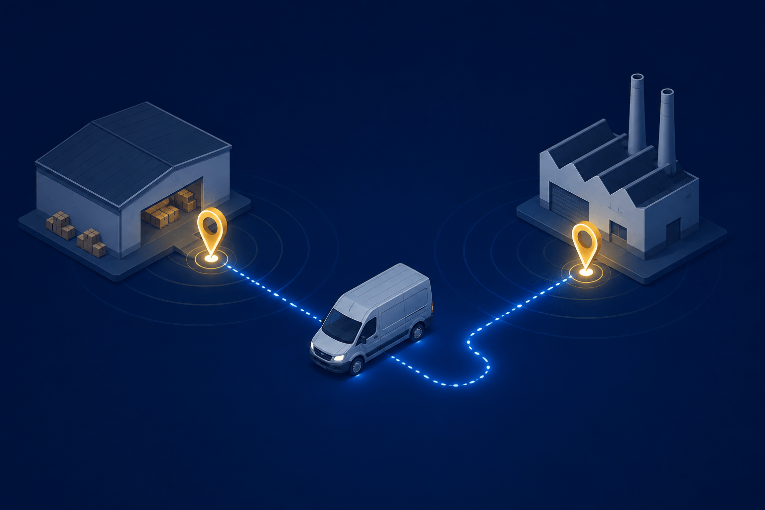 Isometric illustration showing how to track transport goods along a supply chain route