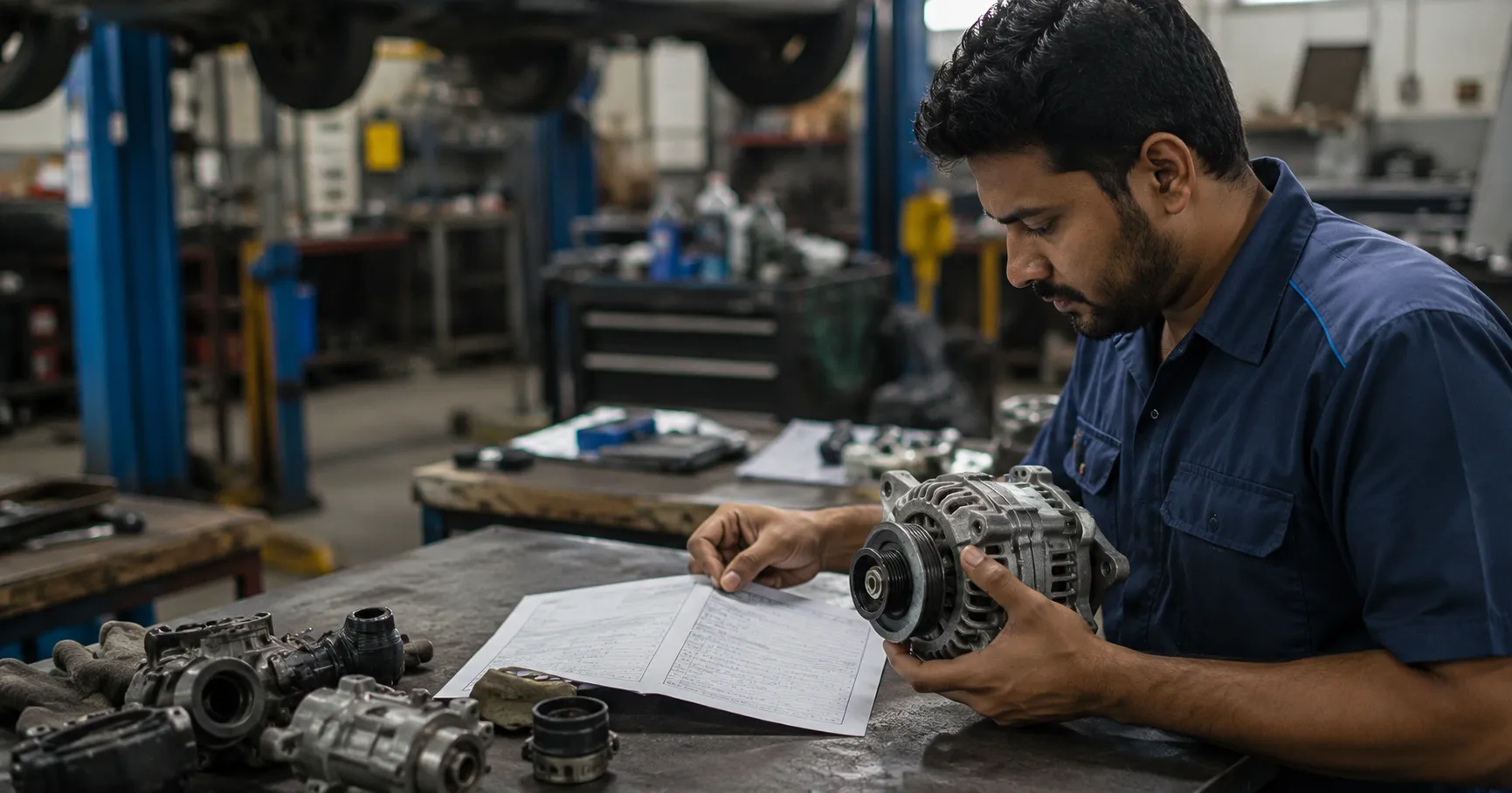 Auto service technician inspecting a car part against a printed warranty claim form at a workshop bench