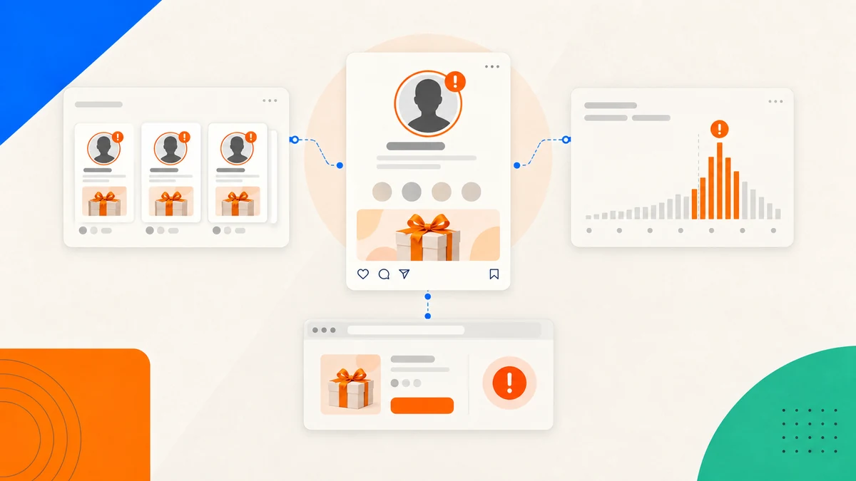 Three fake giveaway warning signals: profile cloning, engagement spike and outbound checkout link