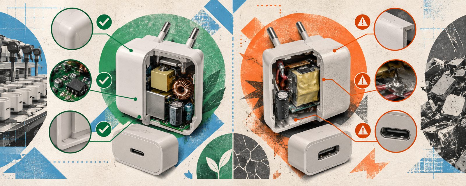 safety lab testing a counterfeit electronic charger for fire and short-circuit risk