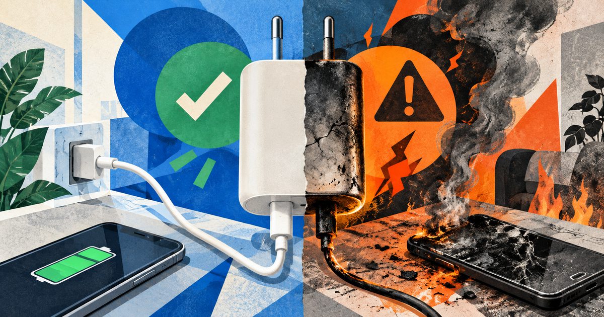 counterfeit phone charger overheating and posing a fire hazard risk