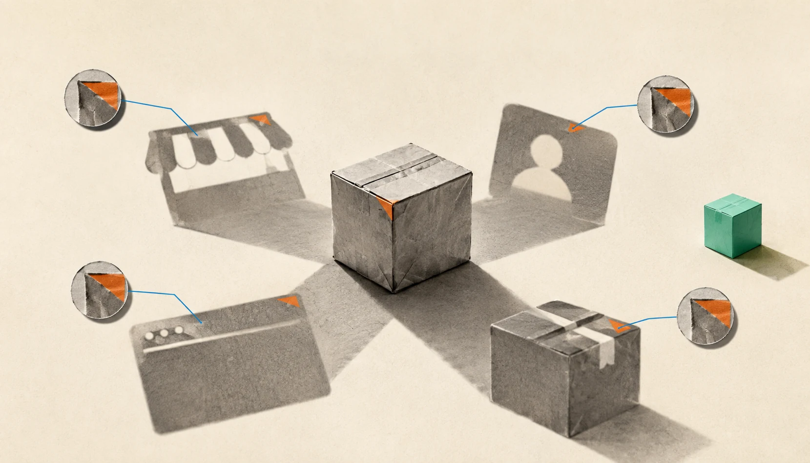 One counterfeit package casts connected shadows across a storefront, social profile, website and delivery channel.