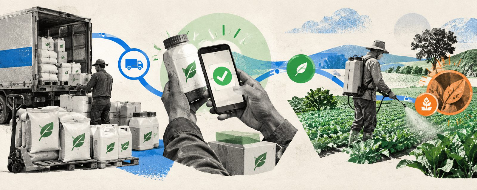 field inspector checking pesticide packaging authenticity before use on crops