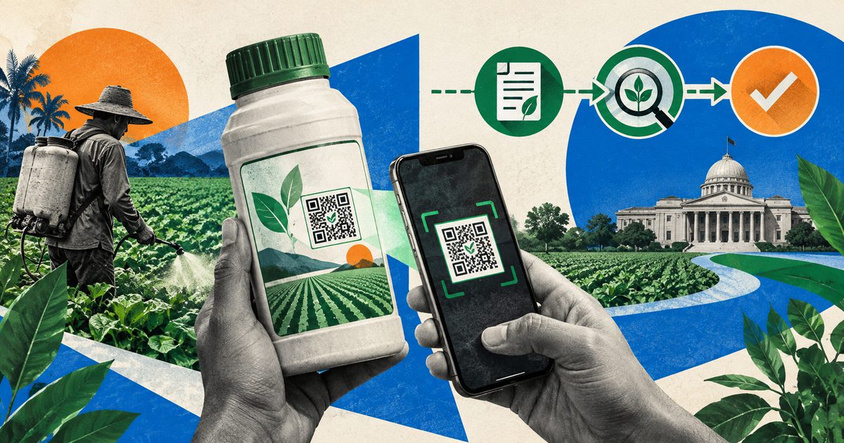 farmer scanning a QR code on pesticide packaging to verify authenticity in an agricultural field