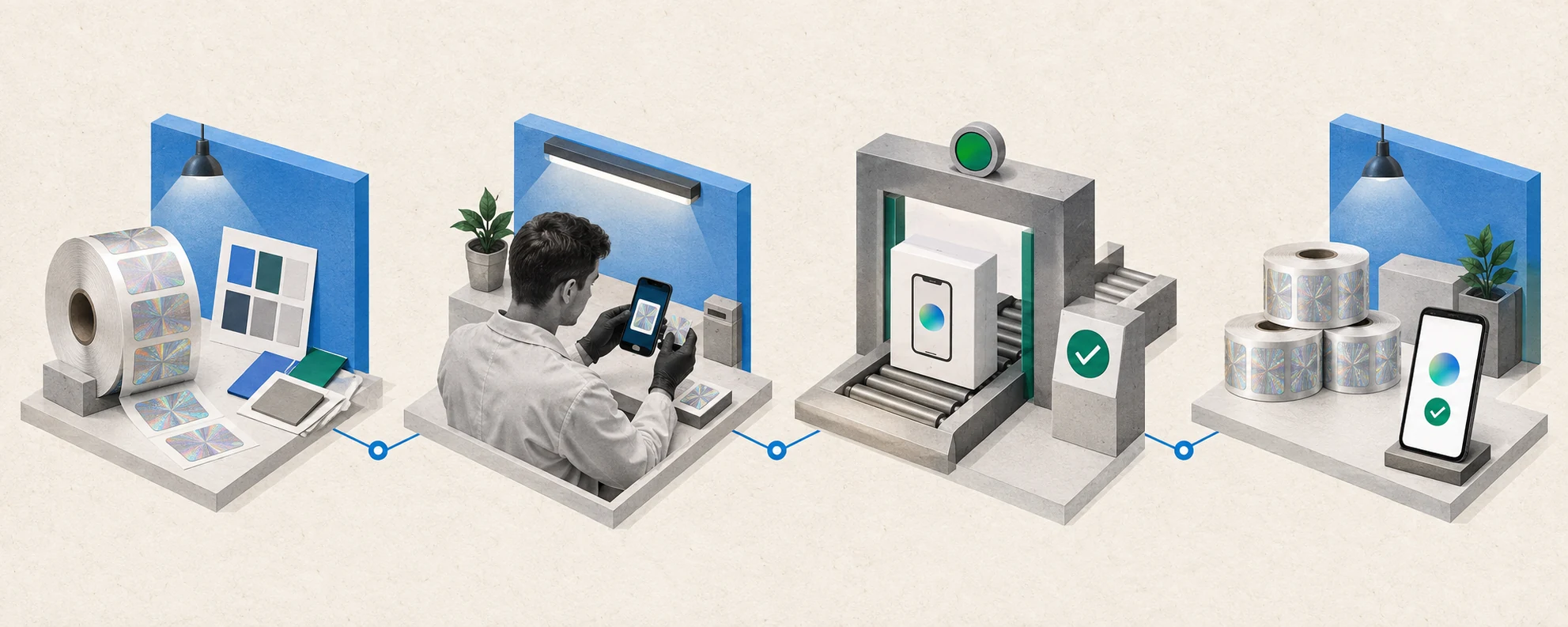 Four-stage launch workflow from hologram label setup and testing to app review and live branded verification.