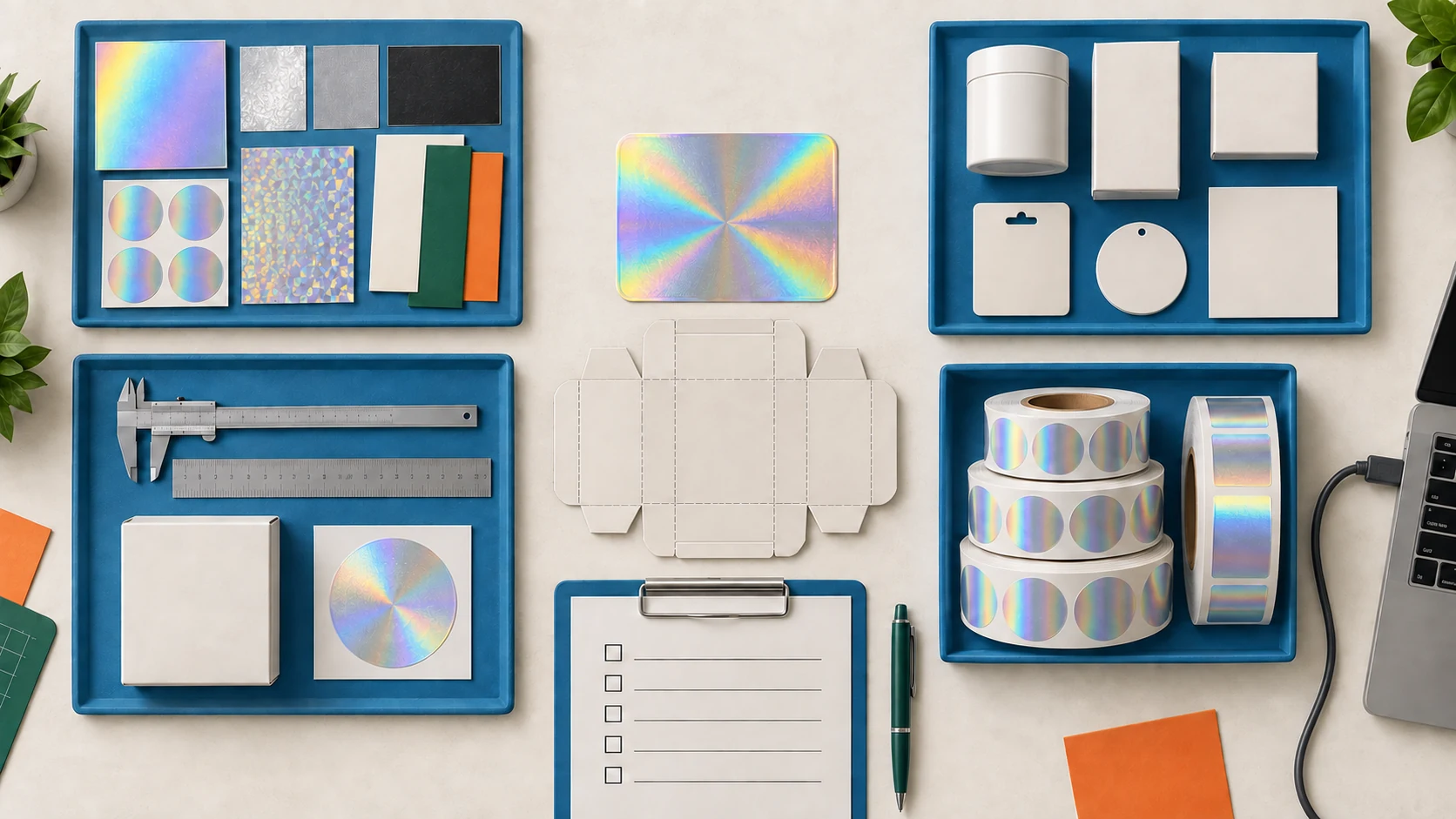 Hologram label manufacturer launch-readiness kit with artwork, packaging specifications, production samples, and integration connection.