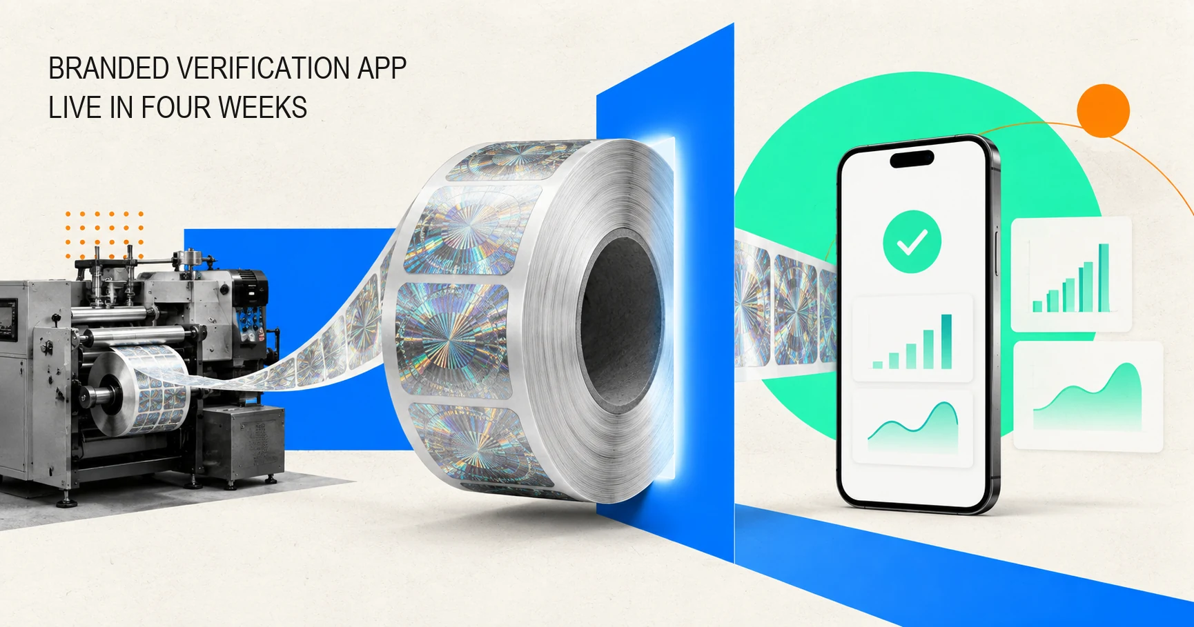 Hologram labels moving from a printing line into a branded verification app with scan analytics