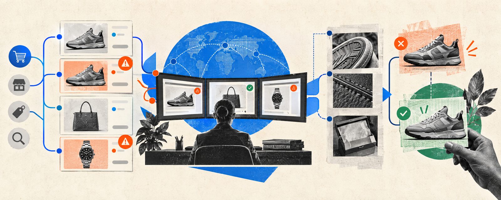 marketplace monitoring screen flagging suspicious sellers and counterfeit product listings