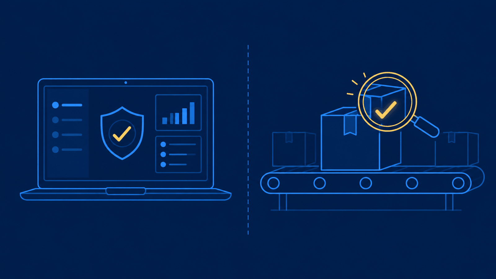 Split illustration showing an IT-GRC dashboard on the left and a physical product being scanned on a conveyor belt on the right, representing the difference between software compliance and physical-product compliance