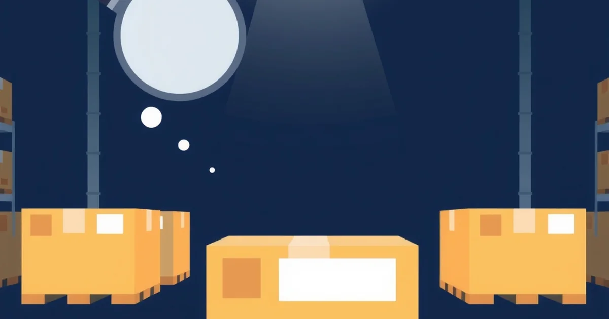 A magnifying glass inspecting a sealed box on a supply chain conveyor belt, representing product integrity risk
